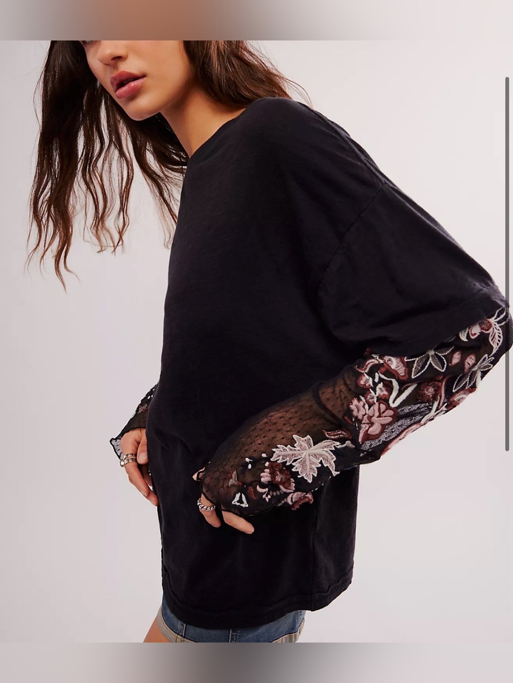 We The Free by Free People Gardener Twofer Tee Black w. Embroidered Sleeve - XL